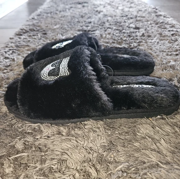 Karl Lagerfeld Black Furry Slides Sequined Slippers - Size 8 🖤 NWOT - Picture 3 of 7